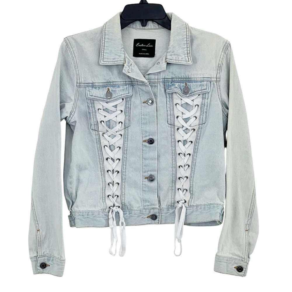 Endless Love Lace Up Denim Jean Jacket Light Wash Small